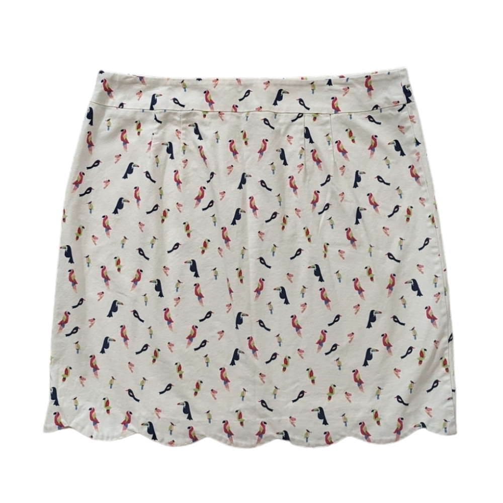 TALBOTS Parrot Toucan Skirt 10 Scalloped Hem Cotton Cream White